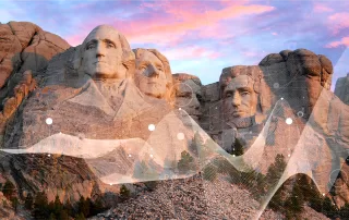 united states president busts of mount rushmore statue overlayed with speech waves and data analytic charts