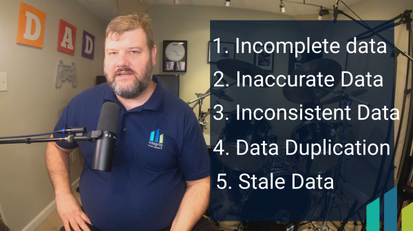 The 5 categories of data quality issues, incomplete data, inaccurate data, inconsistent data, data duplication and stale data shown with Andy in blue shirt 