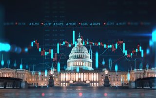 US Capitol building with dark sky at night with lines indicating data trends